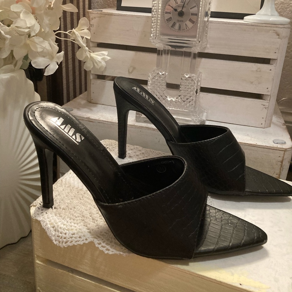 Black Faux Croc Mule Heels